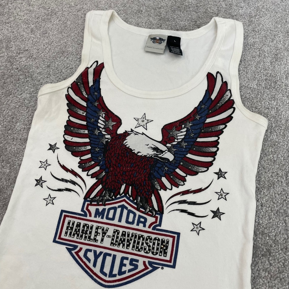 Harley Davidson Tank Top Womens Large Y2K Rhinestones American Eagle Ribbed